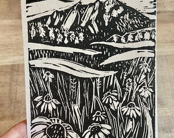 Colorado Linocut Print. Boulder Flatirons with Wildflowers, 5x7 Hand Printed Art