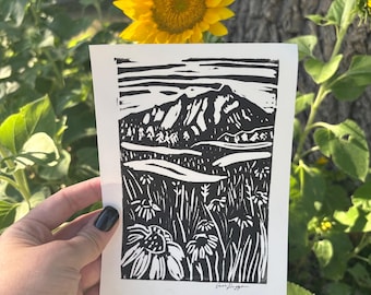 Colorado Linocut Print. Boulder Flatirons with Wildflowers, 5x7 Hand Printed Art