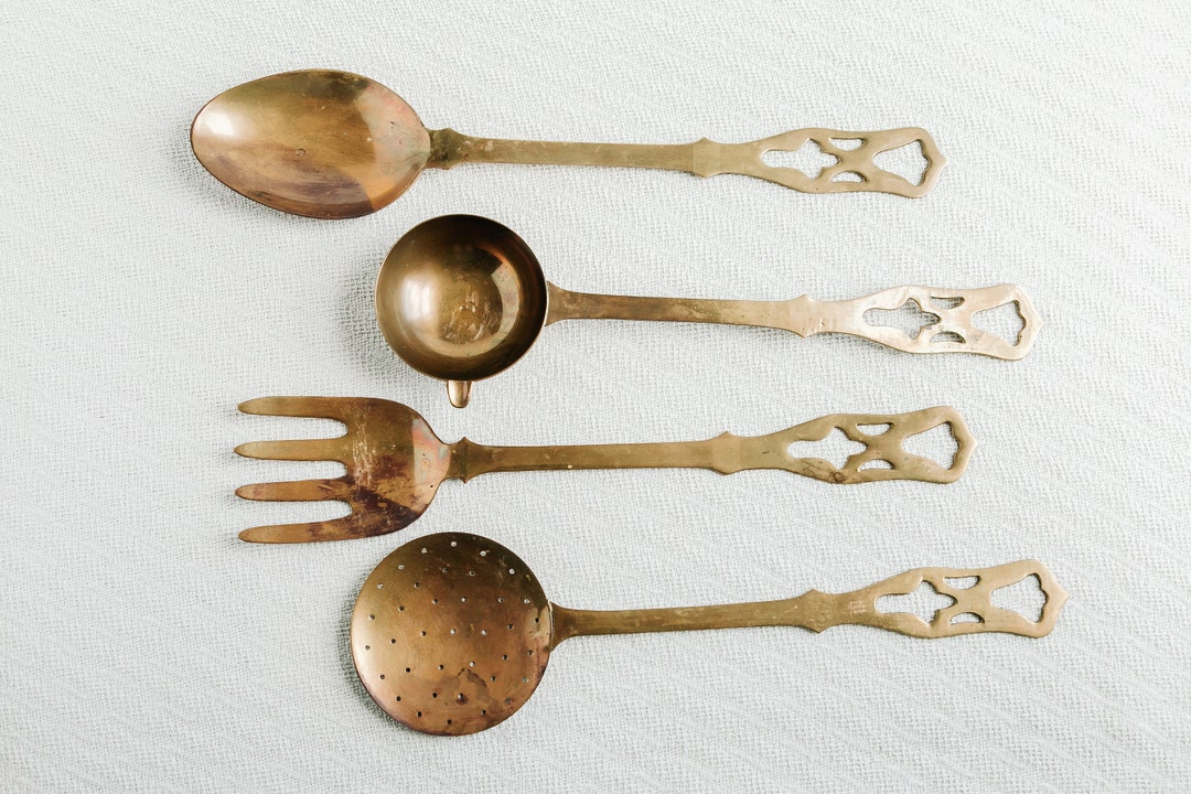 Set of 4 Big Brass Kitchen Utensils Vintage Brass Kitchen Etsy
