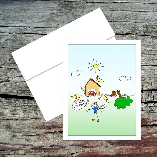 Jane I'm Home Blank Notecard, Dick and Jane, Original Art, Handmade Card, Aviation Theme, Pilot Humor