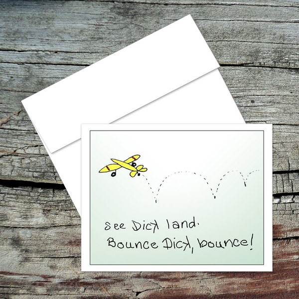 See Dick Land, Bounce, Blank Notecard, Dick and Jane, Original Art, Handmade Card, Aviation Theme, Pilot Humor