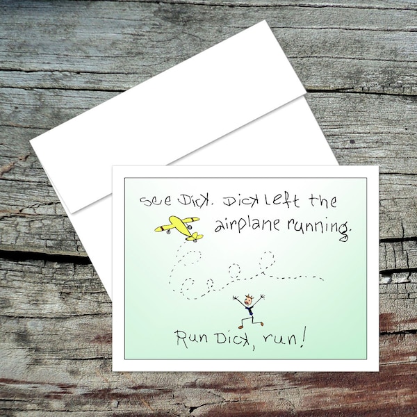 Run Dick Run Blank Notecard, Dick and Jane, Original Art, Handmade Card, Aviation Theme, Pilot Humor