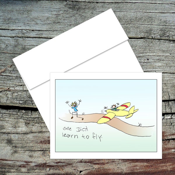 Dick Learns To Fly Blank Notecard, Dick and Jane, Original Art, Handmade Card, Aviation Theme, Pilot Humor