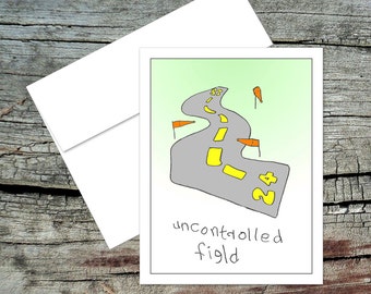 Uncontrolled Field Blank Notecard, Dick and Jane, Original Art, Handmade Card, Aviation Theme, Pilot Humor