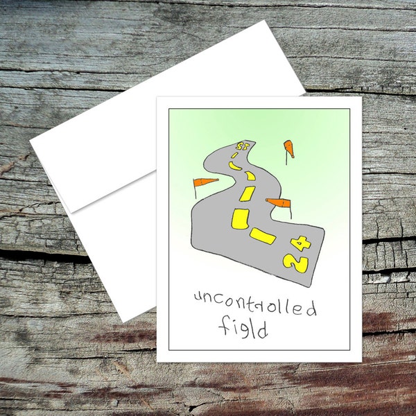 Uncontrolled Field Blank Notecard, Dick and Jane, Original Art, Handmade Card, Aviation Theme, Pilot Humor