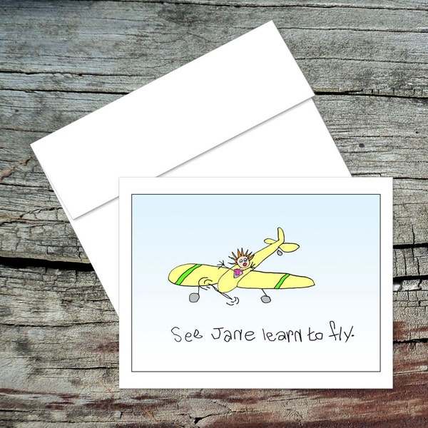 Jane Learns To Fly Blank Notecard, Dick and Jane, Original Art, Handmade Card, Aviation Theme, Pilot Humor