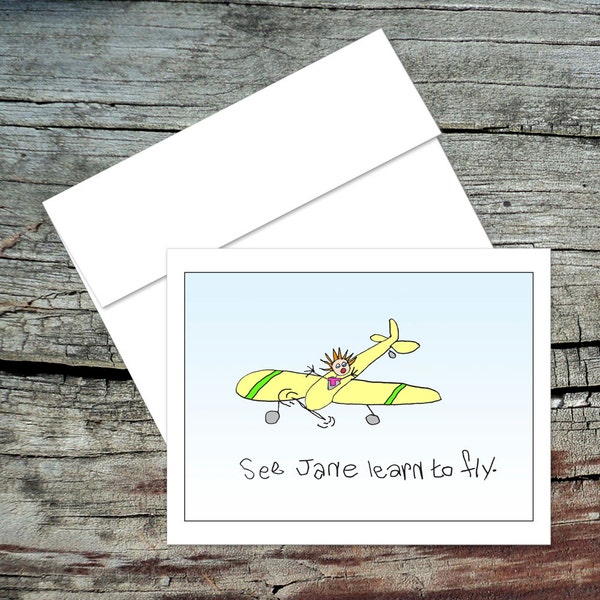 Dick and Jane Blank Notecards, Handmade Original Art, Aviation Theme, Pilot Humor