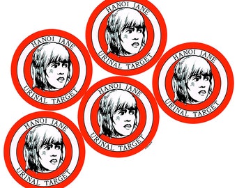 Hanoi Jane Urinal Target, Select Package of 5 or Package of 10, Red & Black On White, Round Sticker, Weatherproof Vinyl