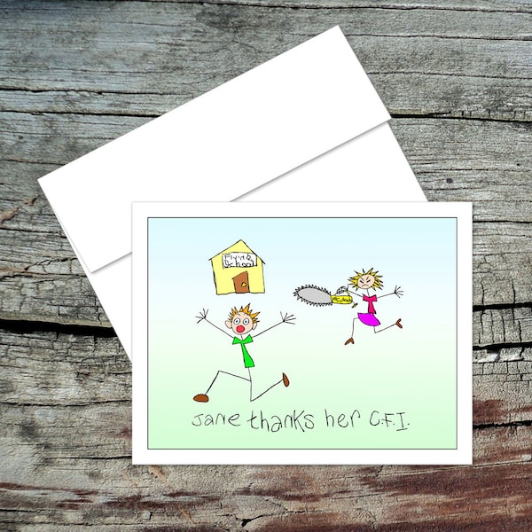 Jane Thanks Her CFI Blank Notecard, Dick and Jane, Original Art, Handmade Card, Aviation Theme, Pilot Humor