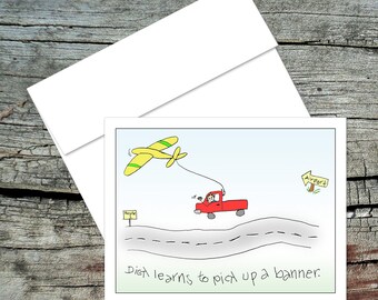 Dick Tows A Banner Notecard, Dick and Jane, Original Art, Handmade Card, Aviation Theme, Pilot Humor