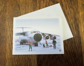 C-141A Airplane in Snow with Elves and Packages, Size A2, Package of 6