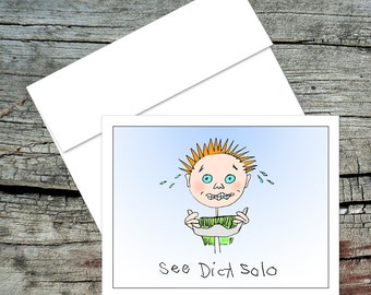 See Dick Solo Blank Notecard, Dick and Jane, Original Art, Handmade Card, Aviation Theme, Pilot Humor