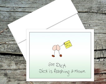 Dick Flashes A Moon Blank Notecard, Dick and Jane, Original Art, Handmade Card, Aviation Theme, Pilot Humor