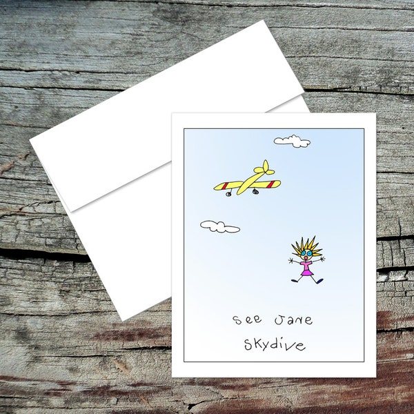 See Jane Skydive Blank Notecard, Dick and Jane, Original Art, Handmade Card, Aviation Theme, Pilot Humor