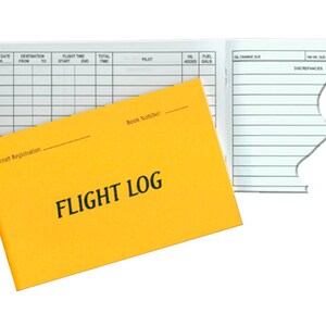 May include: A yellow flight log book with the words "FLIGHT LOG" printed on the cover. The book has a blank page for recording flight information, including date, destination, flight time, pilot, oil added, fuel gallons, oil change due, and discrepancies.