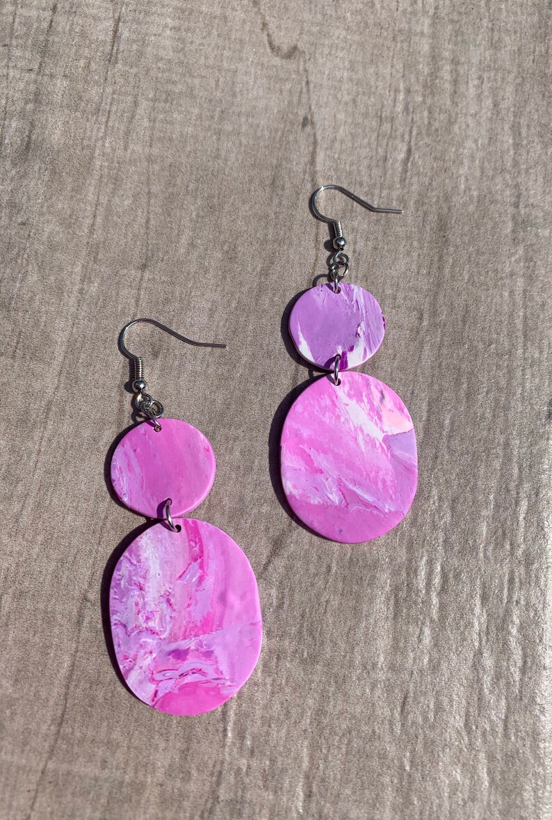 Purple Pink White Marbled Polymer clay statement drop earrings statement earrings clay jewelry