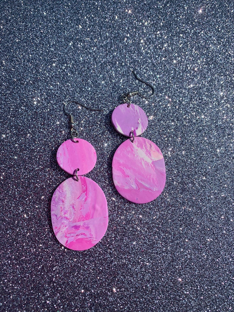 Purple Pink White Marbled Polymer clay statement drop earrings statement earrings clay jewelry