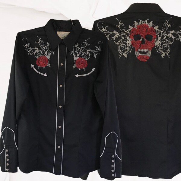 Vtg Rare Roper Western Shirt Size M Men’s Embroidered Rose & Skulls Back And Front