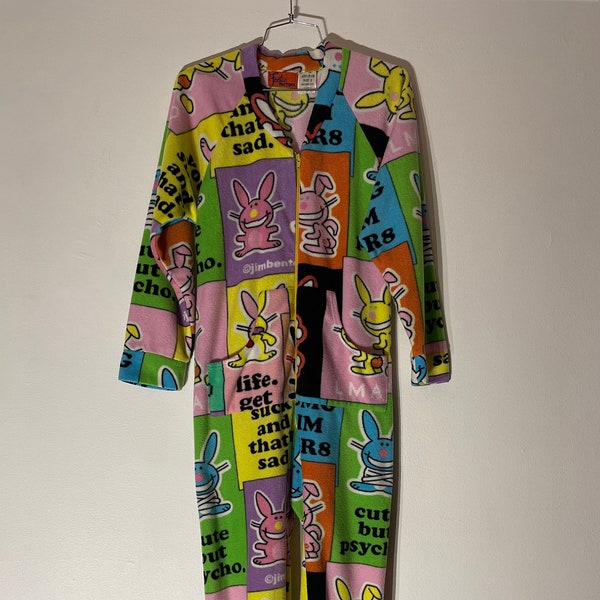 Vtg 00s Jim Benton Happy Bunny Fleece One Piece Romper Pajama With Butt Flap "You Suck And Thats Sad" Y2K