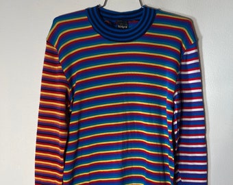 Vtg Rainbow Blue Stripped Gear Long Sleeve Top Made in New Zealand