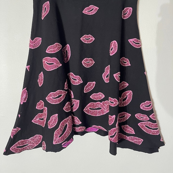 Vtg 00s Rare Designs By Naomi Beaded Lips Kiss Black And Pink Skirt Size L