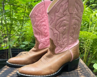 Vtg 00s Old West Tan Corona Calfskin With Pink Leather Cowboy Boots Size 4