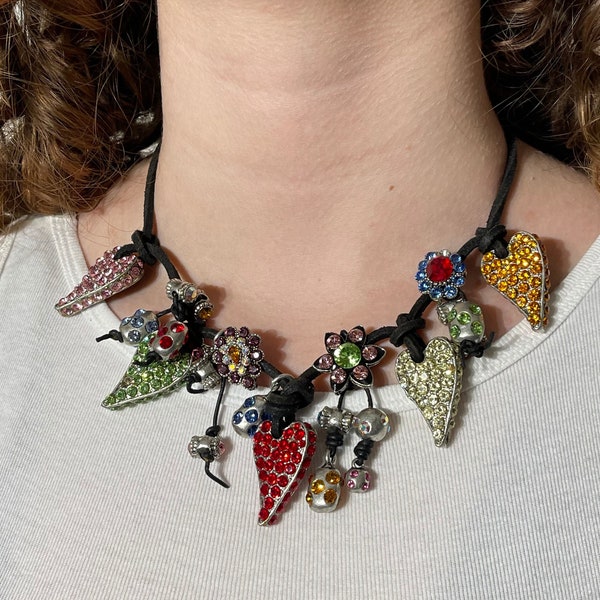 Rodrigo Otazu Vintage Charm Necklace with Swarovski Crystals Multicoloured Hearts One of a kind