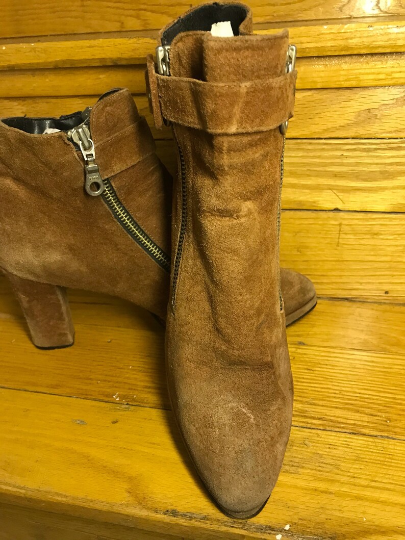 Vintage Delela Dark Orange Suede Two Sided Zipper & Buckle High Heel Ankle Boots Womans 8 image 3