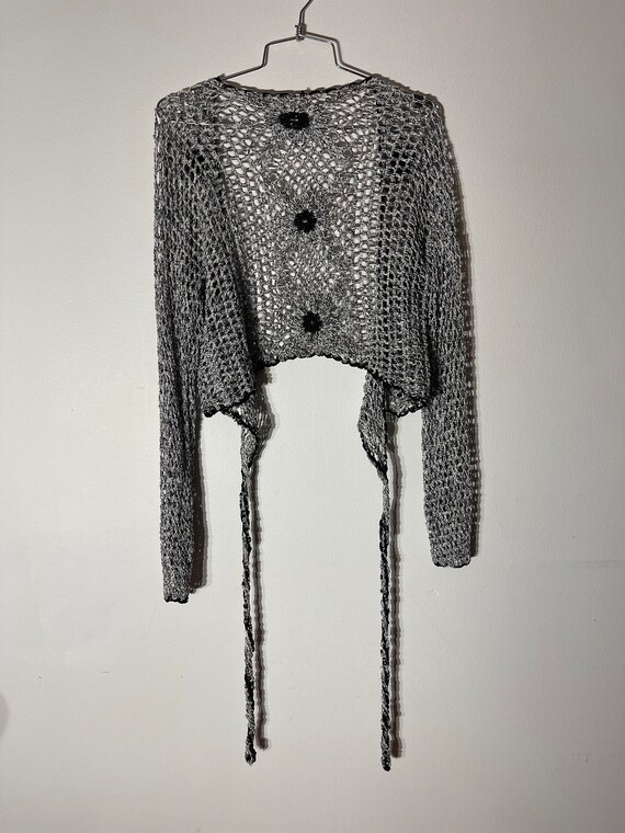 Vtg 90s Hand Crochet Floral Gray With Black Flowe… - image 5