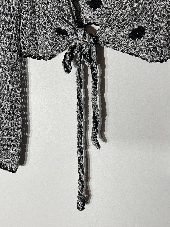 Vtg 90s Hand Crochet Floral Gray With Black Flowe… - image 3