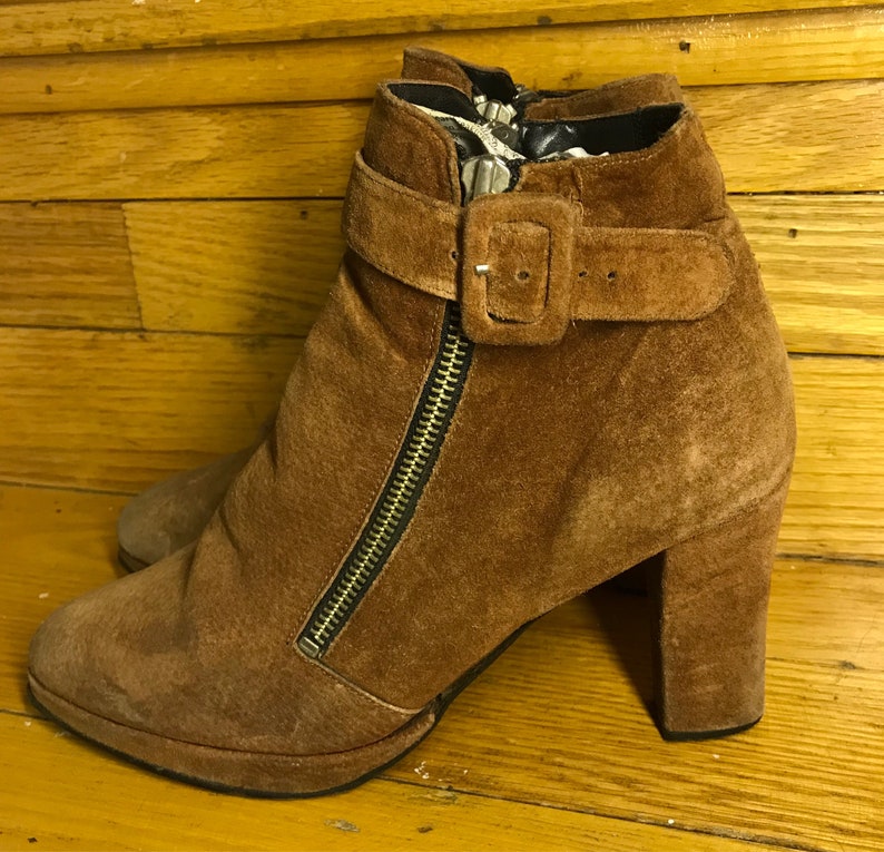 Vintage Delela Dark Orange Suede Two Sided Zipper & Buckle High Heel Ankle Boots Womans 8 image 4