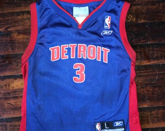 Vintage NBA Detroit Number 3 Wallace Blue and Red Jersey Youth Large