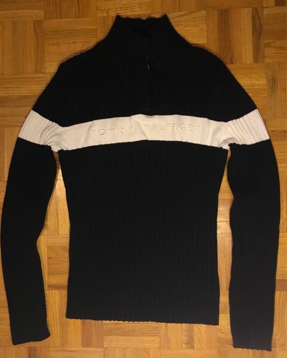 Vintage Ladies Tommy Hilfiger Button up Mock Neck Large Logo Sweater Size M  