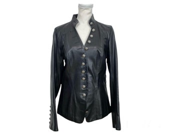 Vintage 90s Danier Black Soft Italian Leather Silver Engraved Button Up Jacket