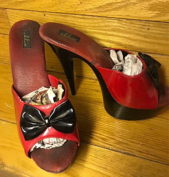 Red 90s PVC, Club Shoes With Black PVC Bow Gem
