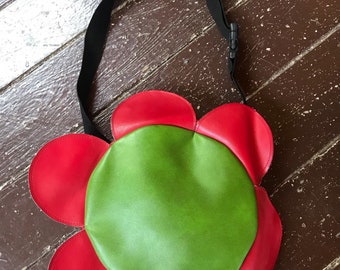 Vintage Leather Red & Green Hippy Large Flower Side Bag