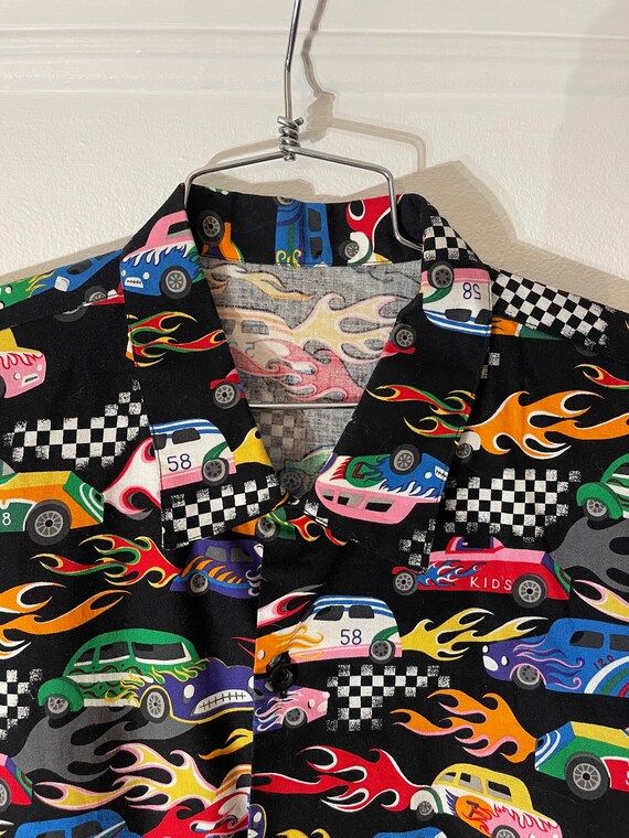 Vtg 90s Retro Hot Rod Flaming Race Cars Button Up… - image 3