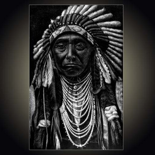 Card 5" x 7"  "Chief Joseph" A pen and ink on scratchboard drawing of American Indian Chief Joseph