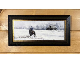 Viaje tranquilo - Impresión Giclée enmarcada de edición limitada - Tema del oeste - Caballo y vaquero en la nieve