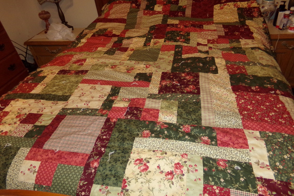 Vintage Patchwork Quilt Roses Floral Squares Reversible Green Etsy