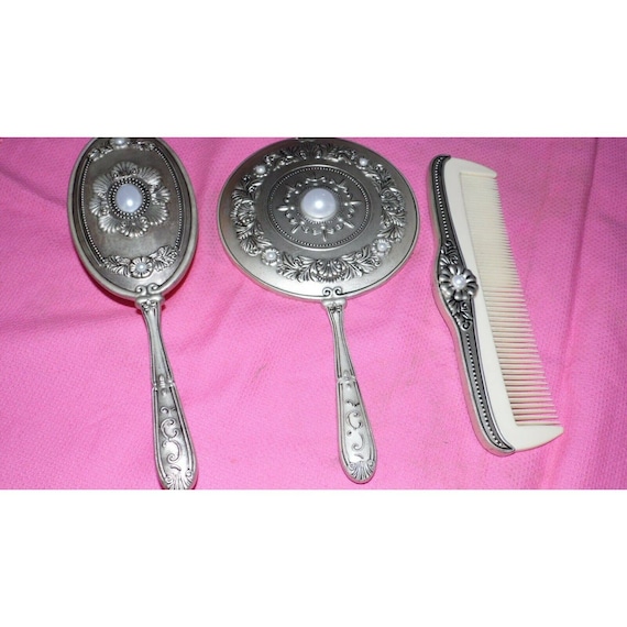 Vintage Godinger Silver Plate Vanity Set Faux Pearl Ornate Etsy
