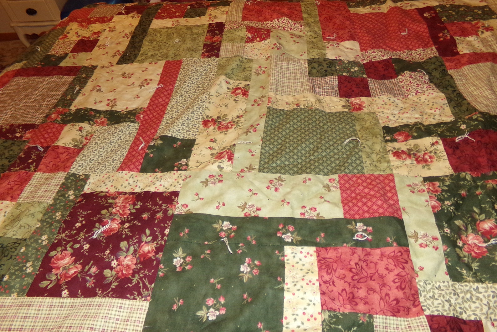 Vintage Patchwork Quilt Roses Floral Squares Reversible Green Etsy