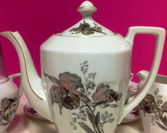 Vintage Coffee Set FLOWER Victoria CHINA Czechoslovakia, gold Rimmed antique