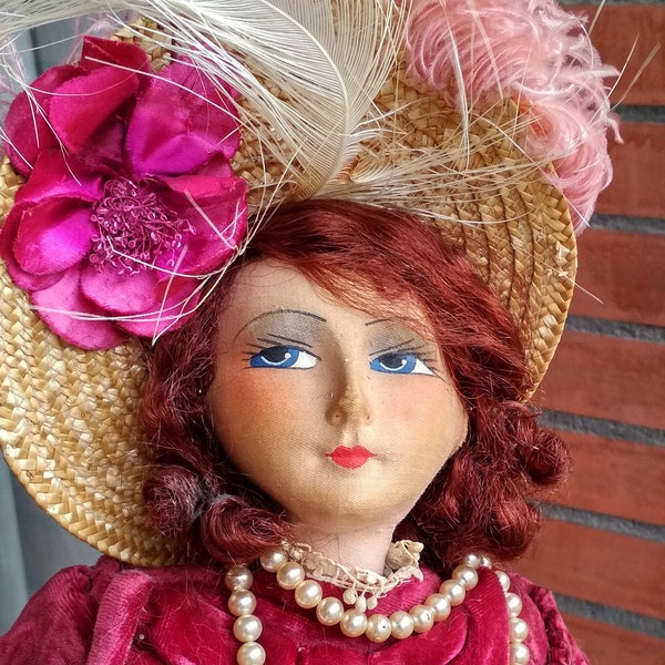 Antieke Franse boudoirpop / Poupée Boudoir / Pop Granaat Fluweel en lichtroze / Collectors Doll
