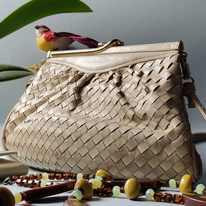 Sac en cuir véritable vintage beige - Crème avec portefeuille en cuir / Fermeture dorée / Sac à bandoulière