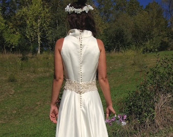 Vintage Wedding dress with lace belt silk 40% / Silk Dress Ivory / Dream Wedding Dress