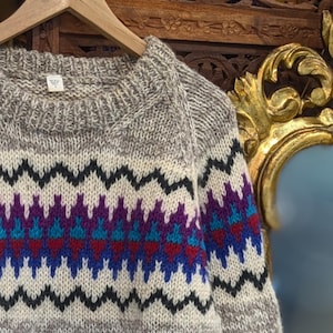 80s Vintage Nepal Handknitted Wool Sweater Knitwear blue Ornament Handmade Unisex  Pullover