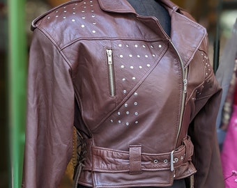 Vintage Biker Jacket Brown Genuine Leather 80s // Lammnappa Lederspezia