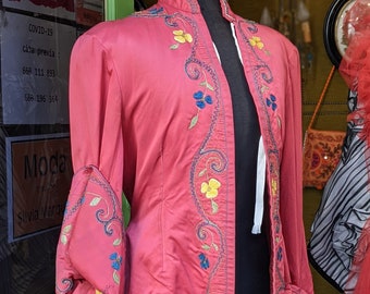 Vintage 1920's Cherry Red Silk Asian Coat / Silk Embroidered Jacket/ Chinese /Handmade Silk Long Jacket/ flowery embroidery