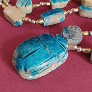Vintage Egyptian Blue Ceramic Scarab Beetle Beaded Necklace Egypt // Vintage Necklace